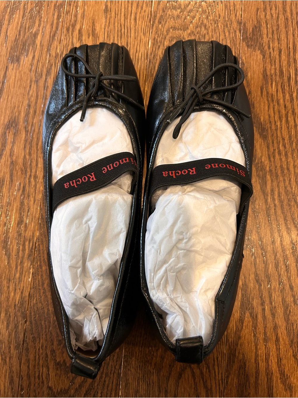 Simone Rocha Black Leather Pleated Toe Ballet Flats with Logo Strap